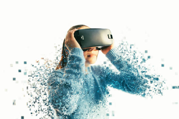 A person in virtual glasses flies to pixels. The woman with glasses of virtual reality. Future technology concept. Modern imaging technology. Fragmented by pixels. stock photo