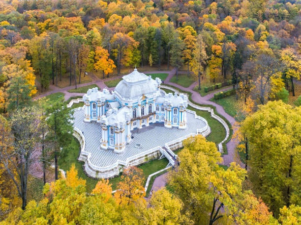 Aerial view of the autumn Catherine Park Aerial view of the autumn Catherine Park pushkin st petersburg stock pictures, royalty-free photos & images