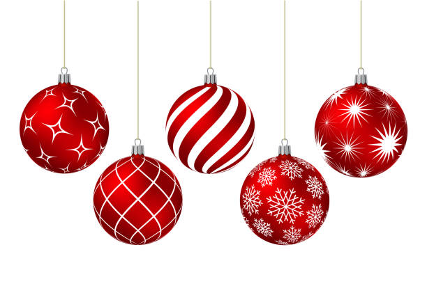 rote weihnachtskugeln mit verschiedenen mustern - weihnachtskugel stock-grafiken, -clipart, -cartoons und -symbole