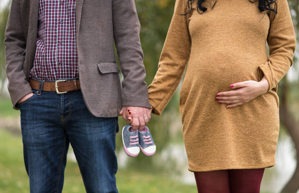 Young elegant couple expecting a baby. Pregnant mother holding hands with her husband stock photo
