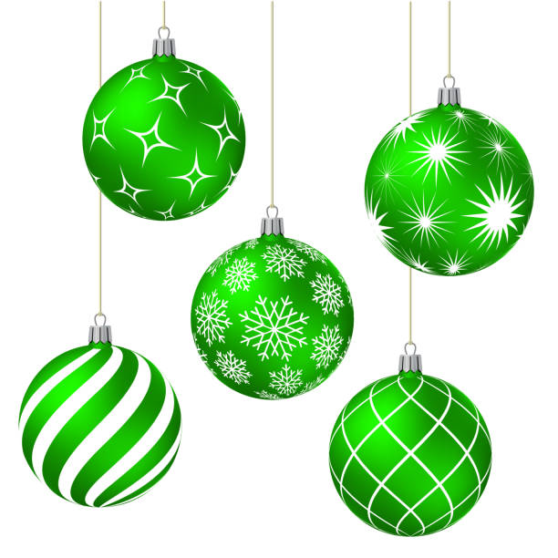 Green christmas balls with different patterns vector art illustration