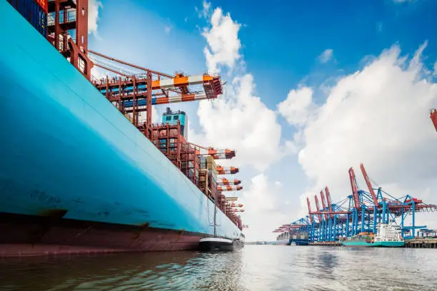 Giant container ship in Hamburg harbour. Image taken with Canon 5Ds and tilt-shift 17 mm 4.0.