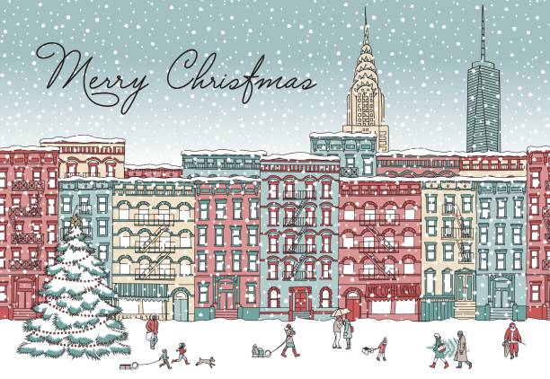 New York in winter Hand drawn illustration of a New York in winter at Christmas time, with small people, snowflakes and Christmas tree new york skyline drawing stock illustrations