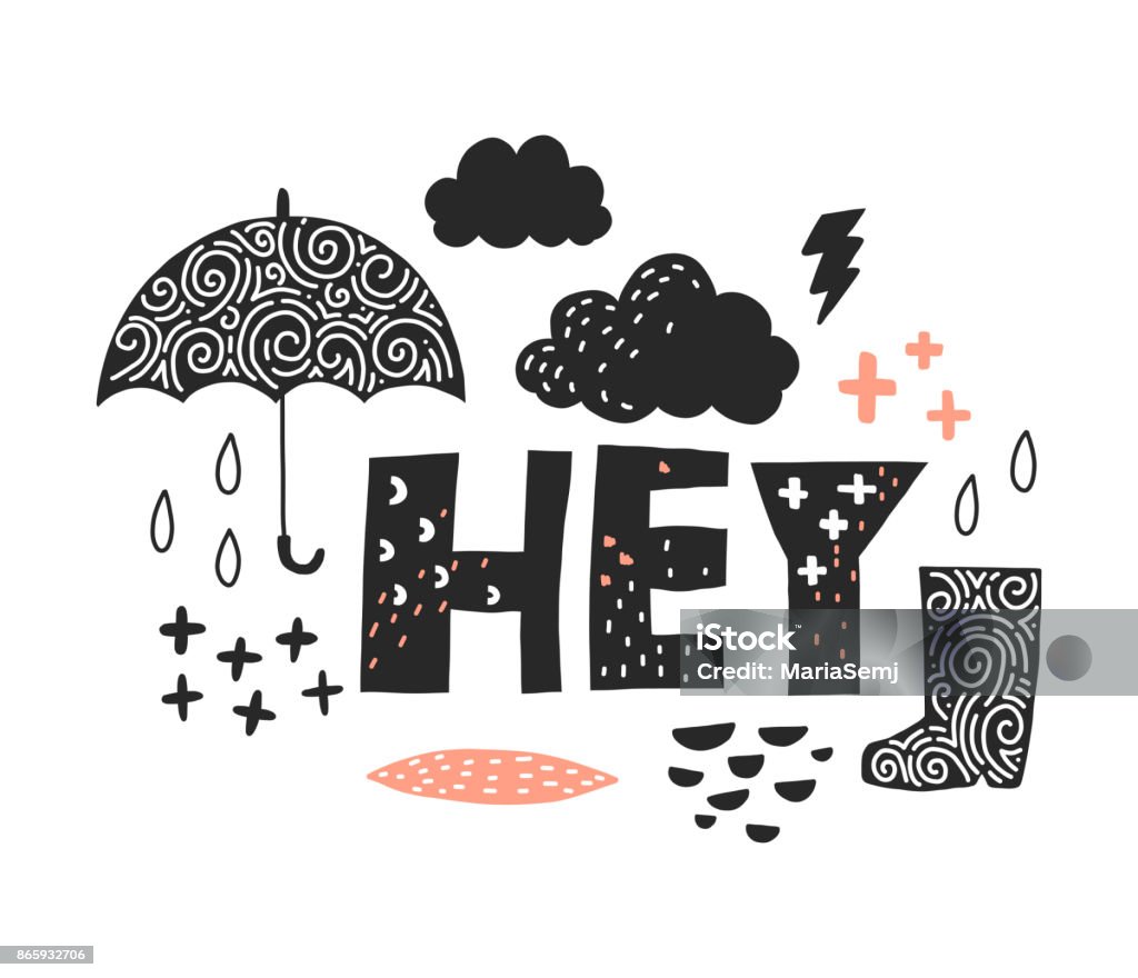 Vector illustation. Greeting with clouds, rain and umbrella. Vector illustation. Greeting with clouds, rain and umbrella. Scandinavan style art for kids. Poster for nursery room Rain stock vector