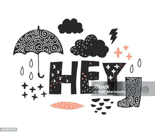 Vector Illustation Greeting With Clouds Rain And Umbrella Stock Illustration - Download Image Now