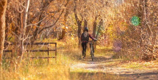 istock Woman walking downhill mountain bike in forest during fall 865934604