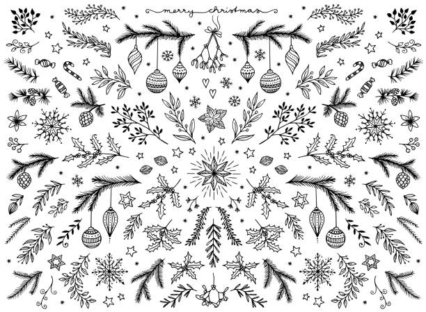 Hand sketched floral design elements for Christmas vector art illustration