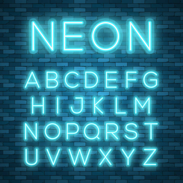 Realistic neon alphabet. Bright neon glowing font Realistic neon alphabet. Bright neon glowing font. Vector format glow stick stock illustrations