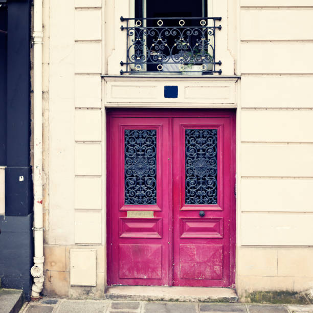 Purple door in Paris stock photo