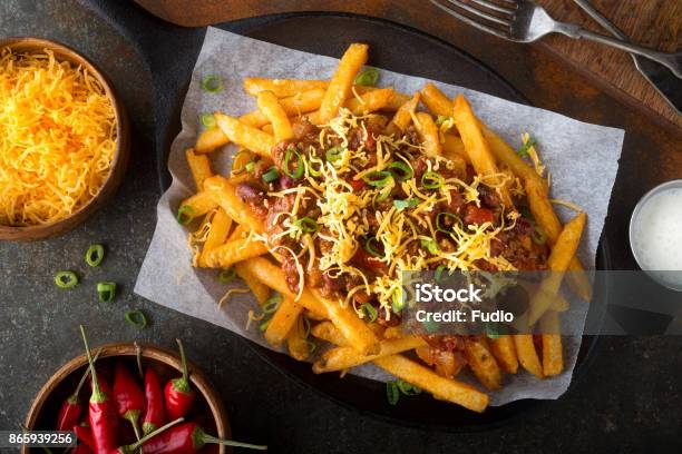Spicy Chili Cheese Fries Stock Photo - Download Image Now - French Fries, Cheese, Chili Con Carne