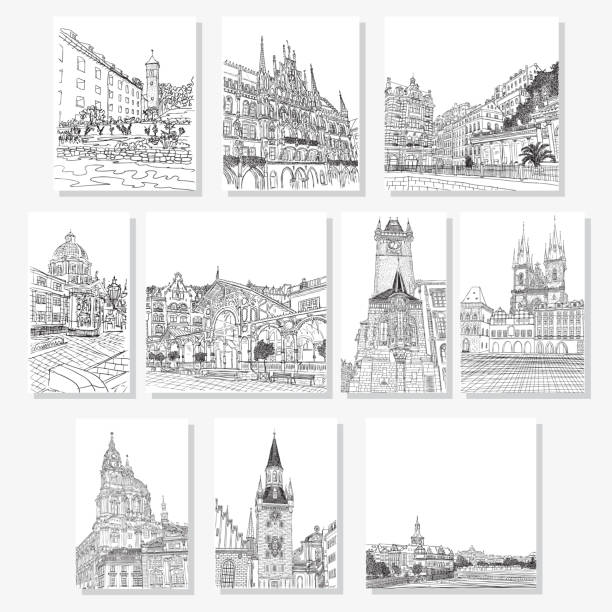 istock Prague. Karlovy Vary. Munich. Set of creative artistic invitations and collectible chocolate packaging. Hand drawn ink vacation and travel invite cards or flyers with calligraphic city writing. 865942454