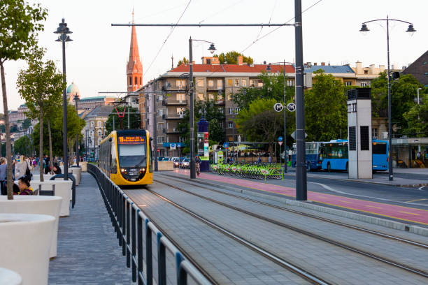 Modern tram in the Budapest, Hungary. Public transport in Budapest include bus, trolleybus, boat, metro and tram.