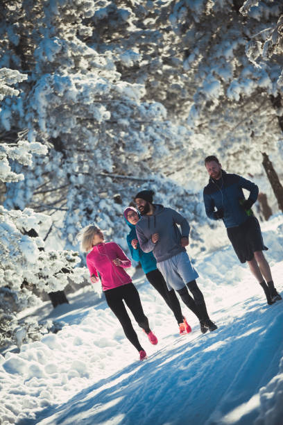 istock Sportspeople running outside on snowy path 865952056