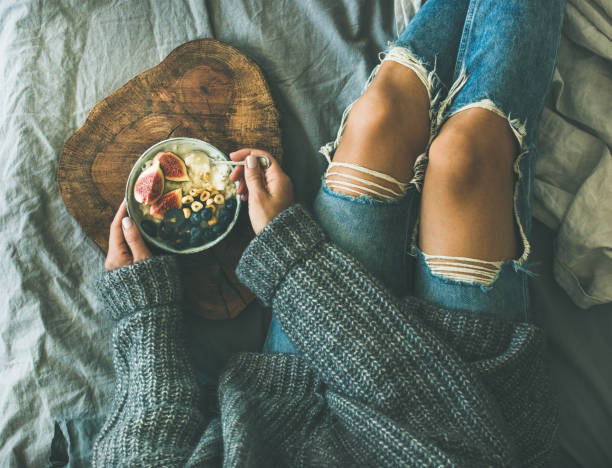 istock Healthy winter breakfast in bed concept, top view 865959226