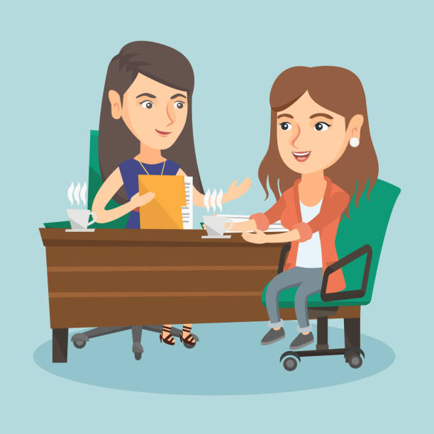 dwie kaukaskie kobiety biznesu na spotkaniu biznesowym - cartoon business meeting coffee stock illustrations