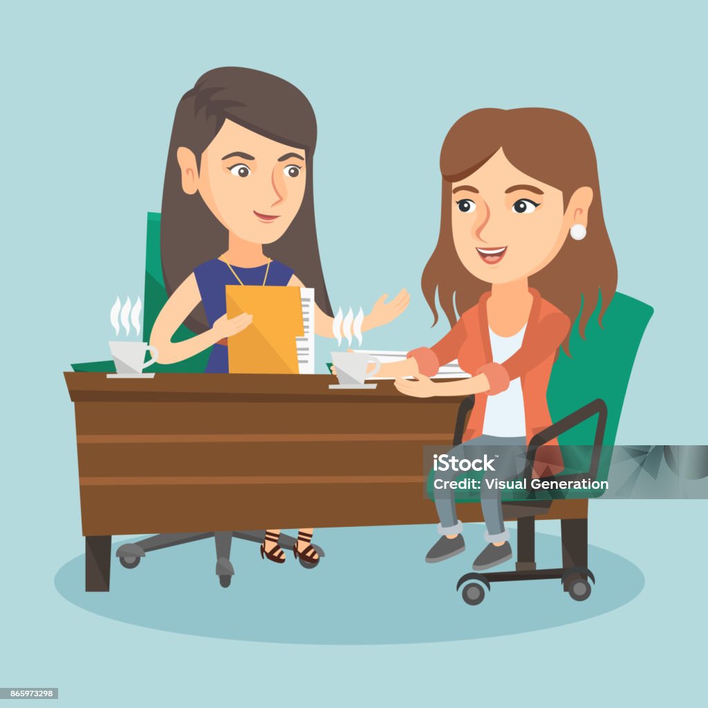 Two caucasian business women at business meeting Two caucasian business women sitting at the table and discussing business matters at meeting. Two women talking on business meeting and drinking coffee. Vector cartoon illustration. Square layout. Talking stock vector
