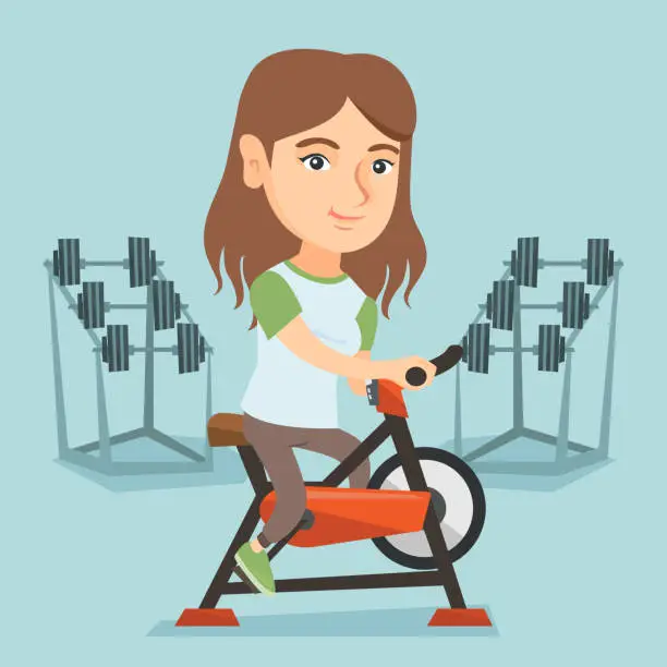 Vector illustration of Young caucasian woman riding stationary bicycle