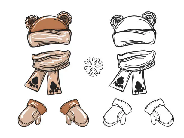 Vector illustration of Winter bear hat scarf and mittens
