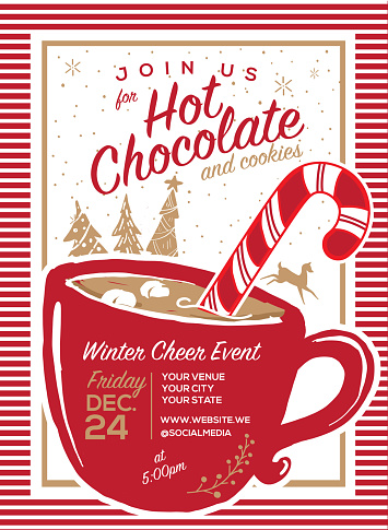Hot Chocolate and cookies invitation Holiday greeting design template with mug and candy cane and marshmallows and hand drawn elements