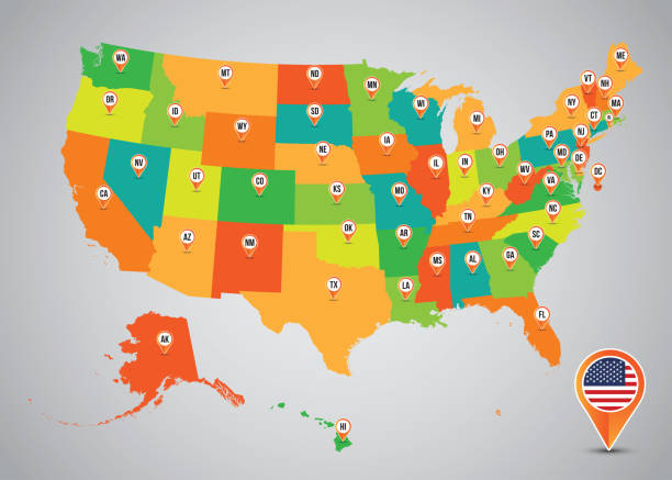 United States with States and Capital Initial Location Icon Map vector art illustration