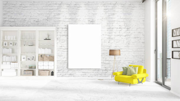 istock Fashionable modern interior with yellow recliner and empty frame and copyspace in vertical arrangement. 3D rendering. 865997160