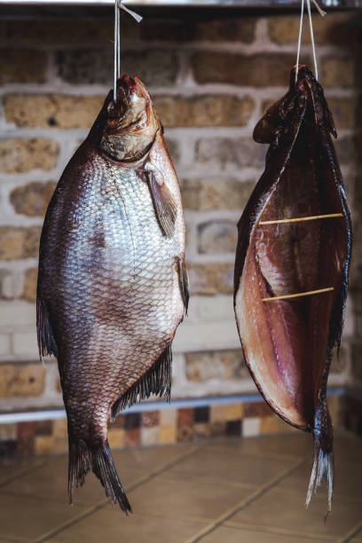 istock Two large smoked fish hanging on brick wall background 866010620