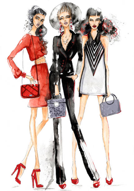 Três meninas com bolsas. - ilustração de arte em vetor