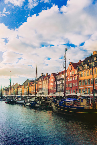 Colorful Traditional Houses in Copenhagen old Town Nyhavn at Sunset