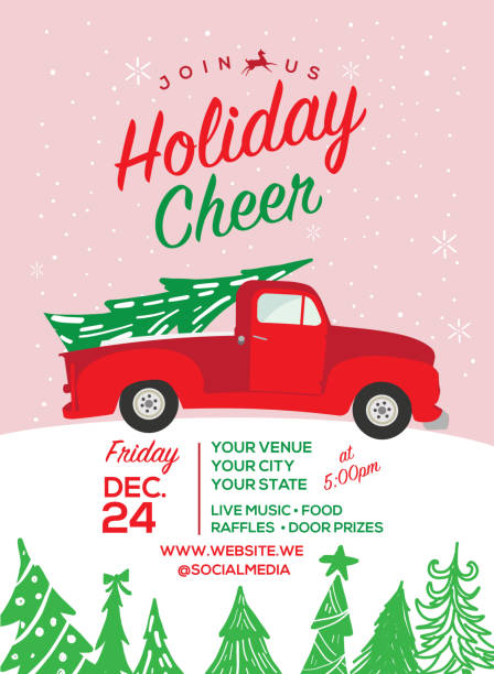 Christmas Cheer celebration invitation design template Christmas Cheer celebration invitation design with Old Truck and Christmas Tree in back. Sample text included. Easy to edit. red truck stock illustrations