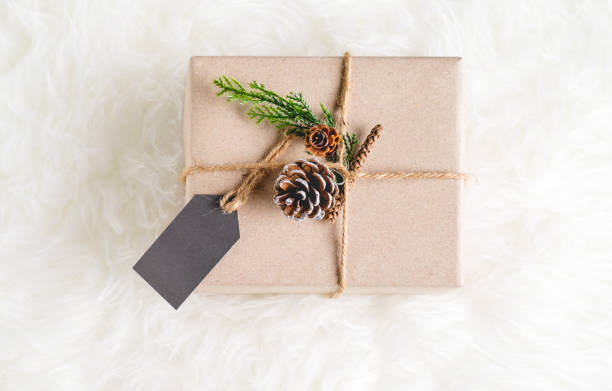 istock Brown paper craft warped on present box decorate with pine cone and green leaf on white fur background,Gift giving for holiday seasonal concept. 866017822