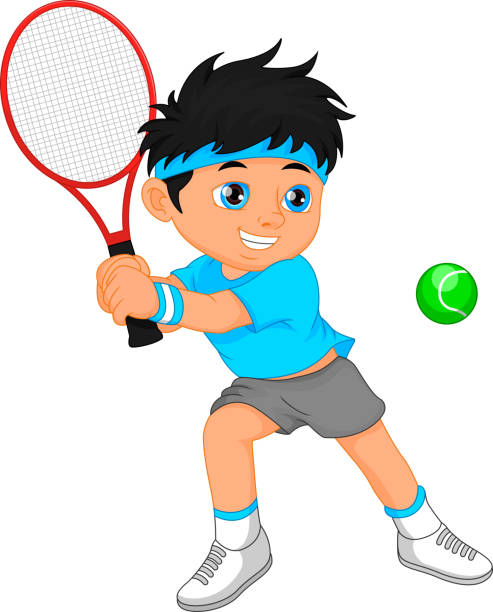 junge tennisspieler comic - indoor tennis illustrations stock-grafiken, -clipart, -cartoons und -symbole