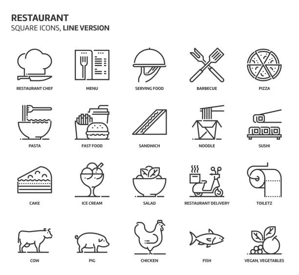 ilustraciones, imágenes clip art, dibujos animados e iconos de stock de restaurante, conjunto de iconos cuadrados - waiter food restaurant delivering