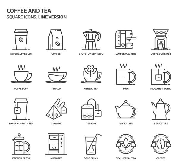 コーヒーや紅茶、正方形のアイコン セット - tea machine点のイラスト素材／クリップアート素材／マンガ素材／アイコン素材