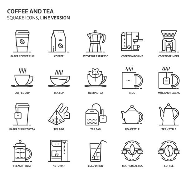 ilustrações de stock, clip art, desenhos animados e ícones de coffee and tea, square icon set - grinding