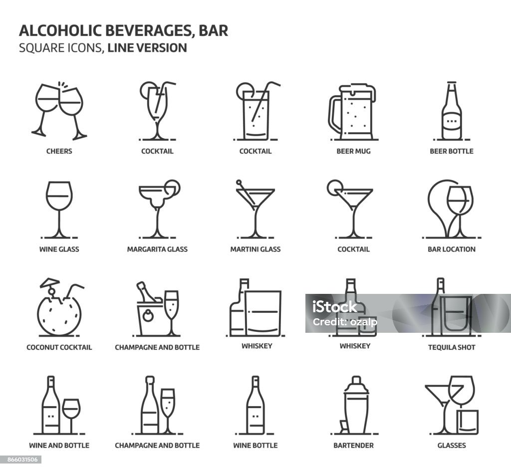 Boissons alcoolisées, jeu d’icônes carrées - clipart vectoriel de Icône libre de droits