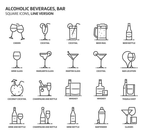 Alcoholic beverages, square icon set Alcoholic beverages, square icon set. The illustrations are a vector, editable stroke, thirty-two by thirty-two matrix grid, pixel perfect files. Crafted with precision and eye for quality. background of a cheers beer mugs stock illustrations