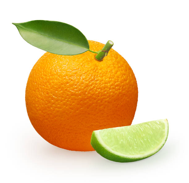 istock Whole orange fruit with green leaf and slice of lime 866032134