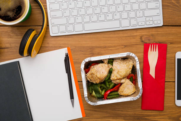 istock Healthy food - vegetable and meat snack at workplace 866035508