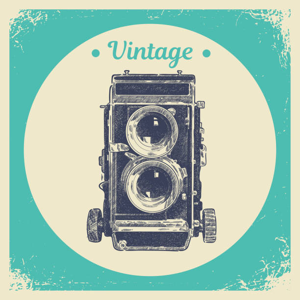 Hand drawing graphic strokes texture of old vintage two lens photo camera. Isolated vector illustration