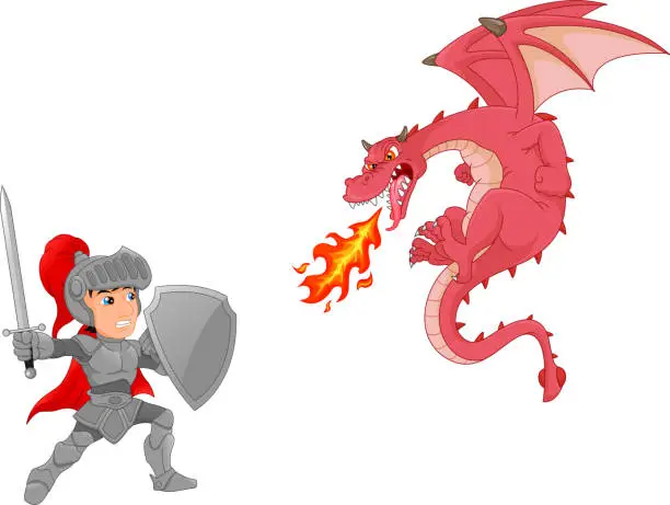 Vector illustration of knight with angry dragon cartoon