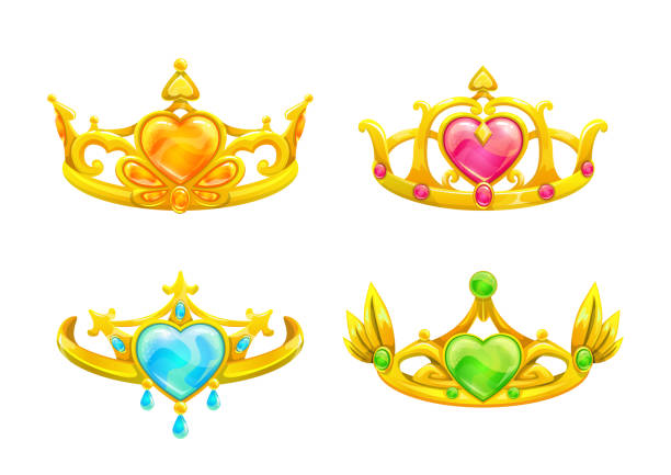 ilustrações, clipart, desenhos animados e ícones de conjunto de coroas de princesa de desenho animado dourado - diadem red green blue