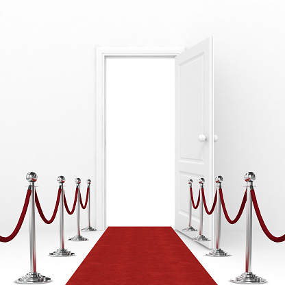 Open door new opportunity entrance red carpet