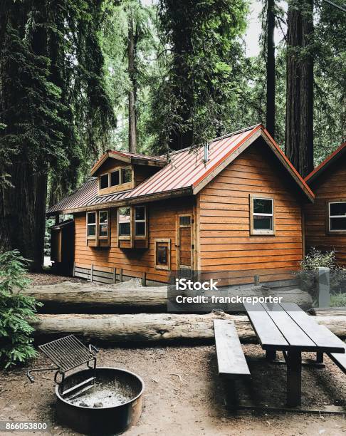 Cabin In The Pacific Northwest California Stock Photo - Download Image Now - Log Cabin, Bungalow, Mountain