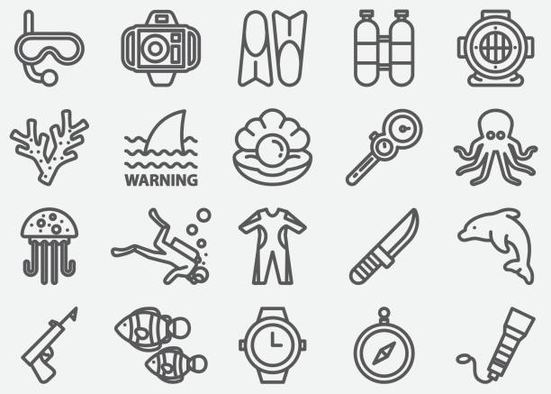 Scuba And Diving Line Icons Scuba And Diving Line Icons undersea diver stock illustrations