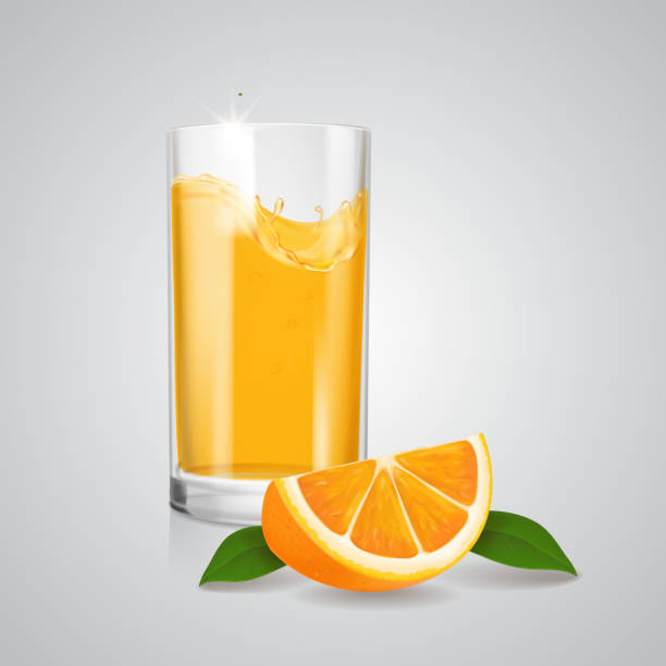 ilustrações, clipart, desenhos animados e ícones de suco de fruta laranja em vidro realista e fatia de laranja - isolated on white orange juice ripe leaf
