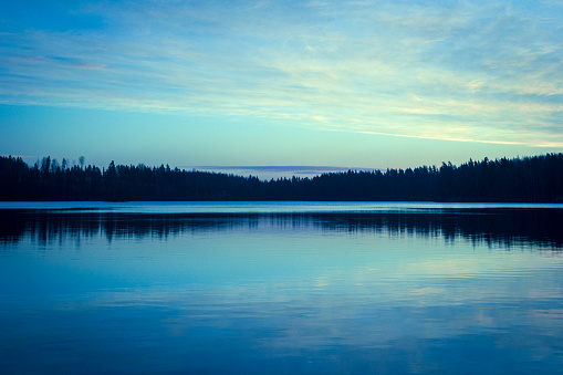 Sunset, dawn, lake, reflection, silence, forest, nature, blue sky