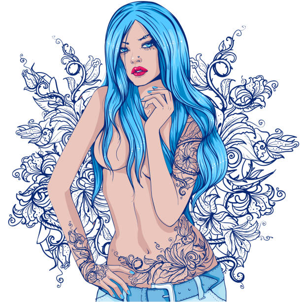 graphics beautiful girl with blue long hair and a tattoo on the body and the hands Vector illustration of beautiful girl with blue long hair and a tattoo on the body and hands on background with flower pattern pin up tattoo stock illustrations