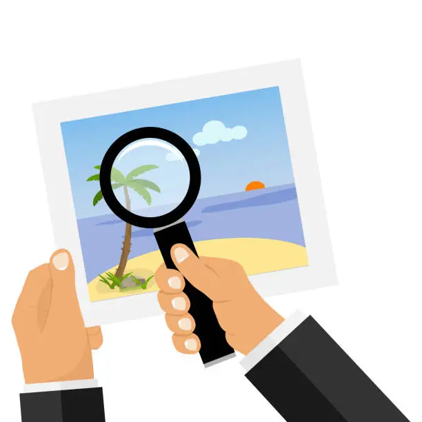 Vector illustration of A hand with a magnifying glass looks at the photo. Photo of the sea landscape