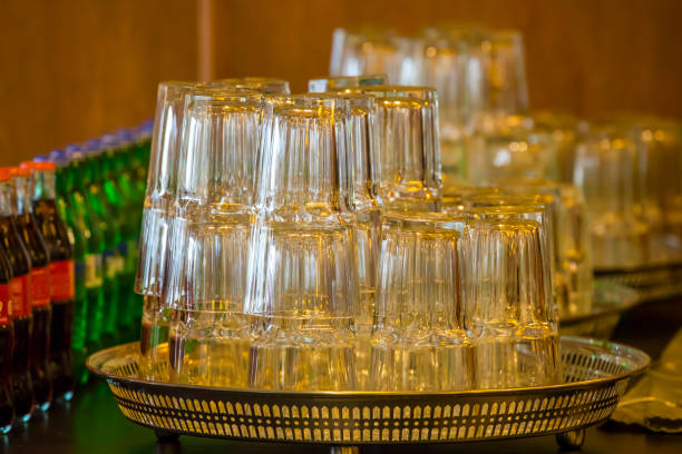 Upturned glasses at a counter