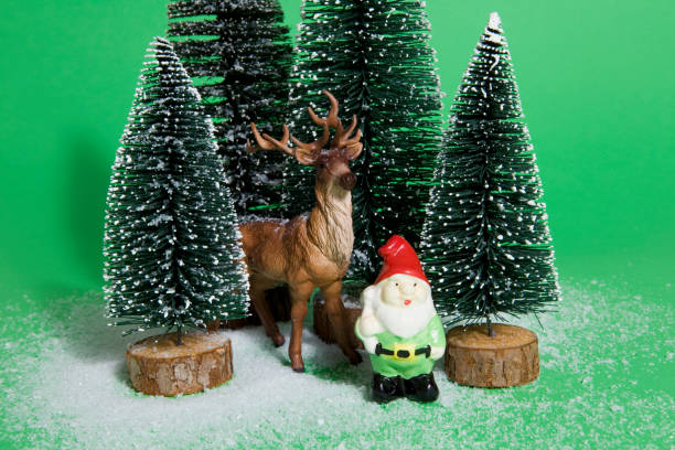 Isolated group of full artificial firs like a small forest tree in a ceramic pattern plate with a figurine reindeer and garden gnome beside on a green background. Minimal still life photography